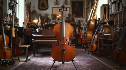 Cello on a stand surrounded by cello instruments