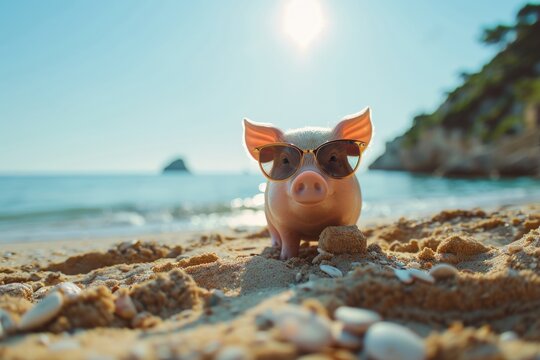 A pig wearing sunglasses is sitting on the beach, generative ai image