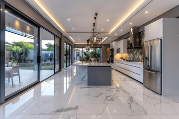 Modern Open Kitchen with Island and Garden View in Luxury Home