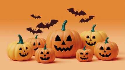 A festive arrangement of carved pumpkins with cheerful faces against an orange backdrop, complemented by playful black bats for a Halloween theme