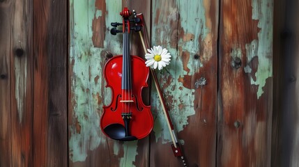 Red violin with a white daisy and bow on it, on an old, painted wooden wall