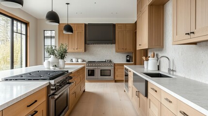 Fototapeta premium stylish swedish kitchen with oak cabinets and modern appliances, epitomizing culinary sophistication