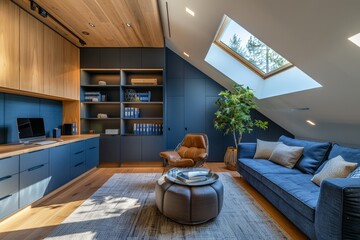 Elegant Navy Blue and Linen Attic Office with Golden Hour Illumination