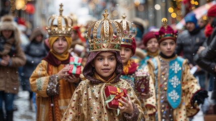 Fototapeta premium Celebration of the Three Kings holiday with children in costumes wearing crowns and carrying gifts in a festive parade
