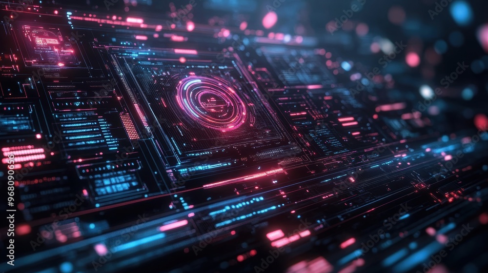 Poster abstract and cutting-edge holographic interface on a dark backdrop encapsulating the modern business