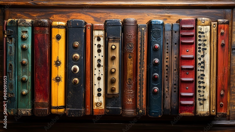 Poster a row of books on a shelf.