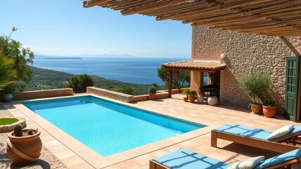 Greek Island Patio with Sea View, Pergola, and Cozy Outdoor Seating