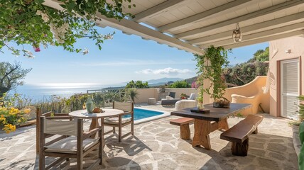 Fototapeta premium Greek Island Patio with Sea View, Pergola, and Cozy Outdoor Seating