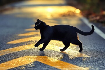 Black cat walking on yellow line on the road