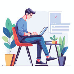  man working on his laptop, vector illustration