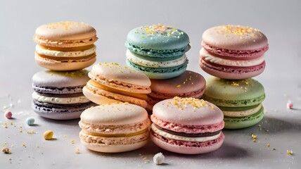 Fototapeta premium A beautifully frosted macaron tower with pastel colors, delicately arranged on a white background.