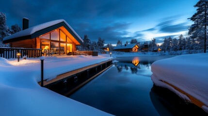 A cozy wooden cabin glows warmly in the snowy evening, reflected in the calm waters beside it. 