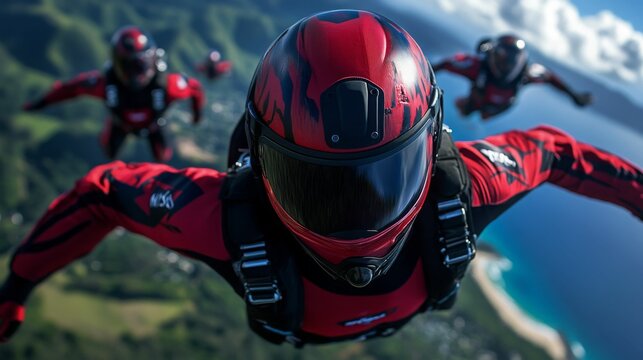 Skydivers in red suits fly in formation over a lush, mountainous landscape, embracing the thrill of the fall. 