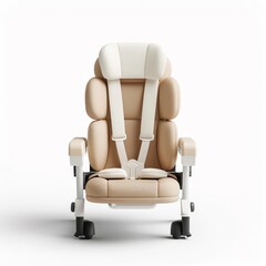 Naklejka premium High-back booster seat, child safety element, detailed 3D render, adjustable headrest, isolated on white background.