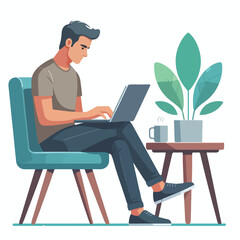  man working on his laptop, vector illustration