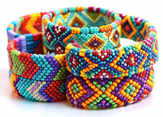 A set of colorful beaded bracelets with intricate designs, placed on a white background