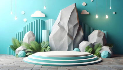 a 3d product podium showcase background in teal blue color, nature, rocks, clouds and tropical plants against a turquoise wall, for natural products advertising