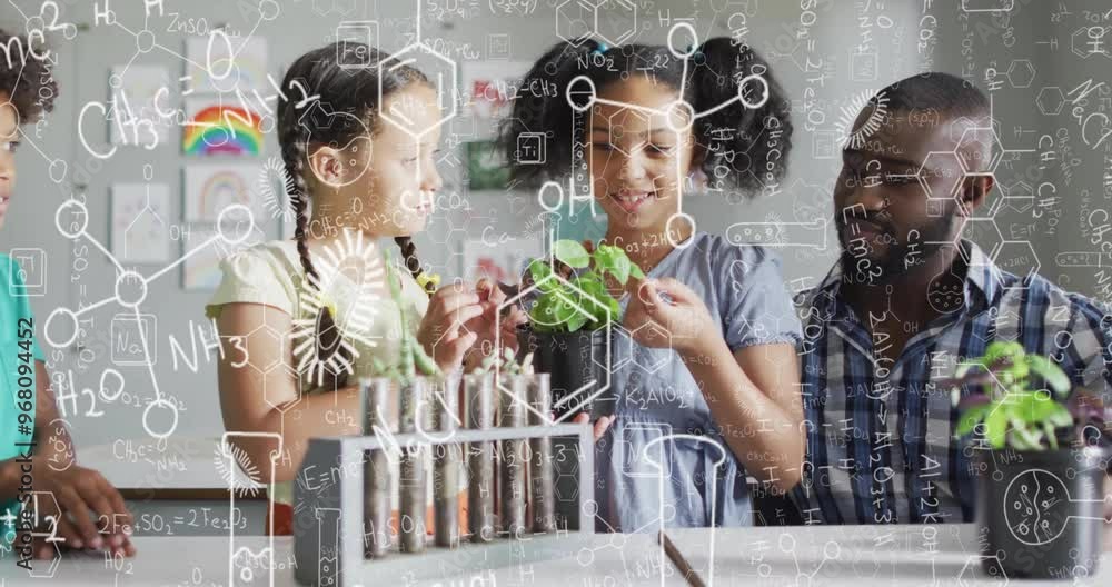 Wall mural Animation of chemical equations over african american male teacher with diverse schoolchildren