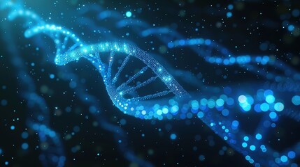 Abstract glowing digital DNA strand in blue with network connections and bokeh effect on dark background