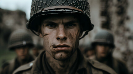 Obraz premium Soldiers Approach The Normandy Beach.