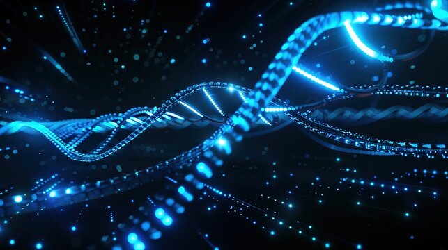 Abstract glowing digital DNA strand in blue with network connections and bokeh effect on dark background