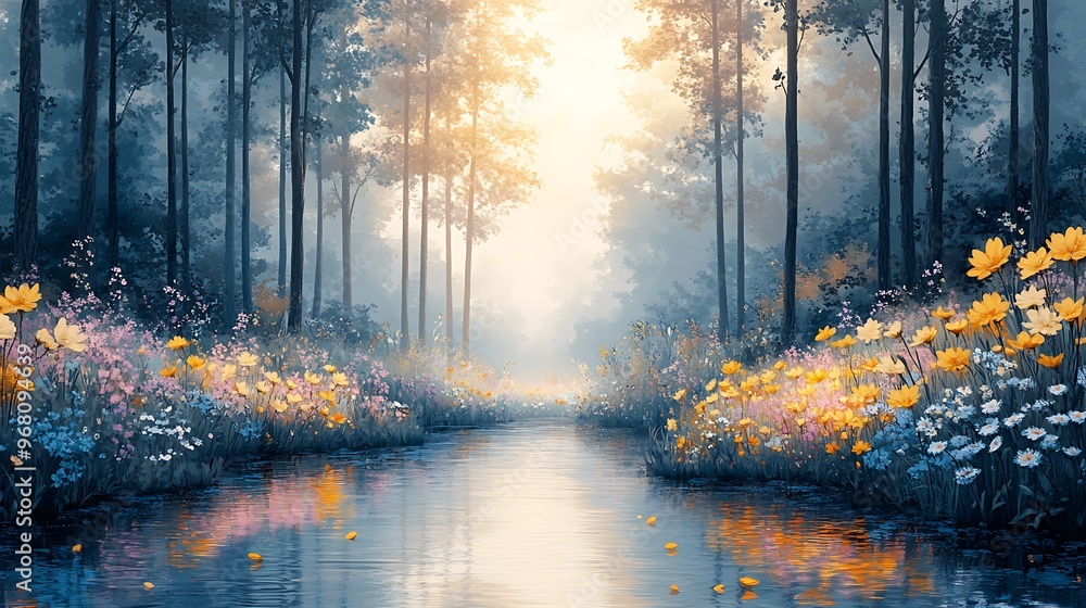 Poster a misty forest path with a stream running through it, surrounded by vibrant wildflowers.