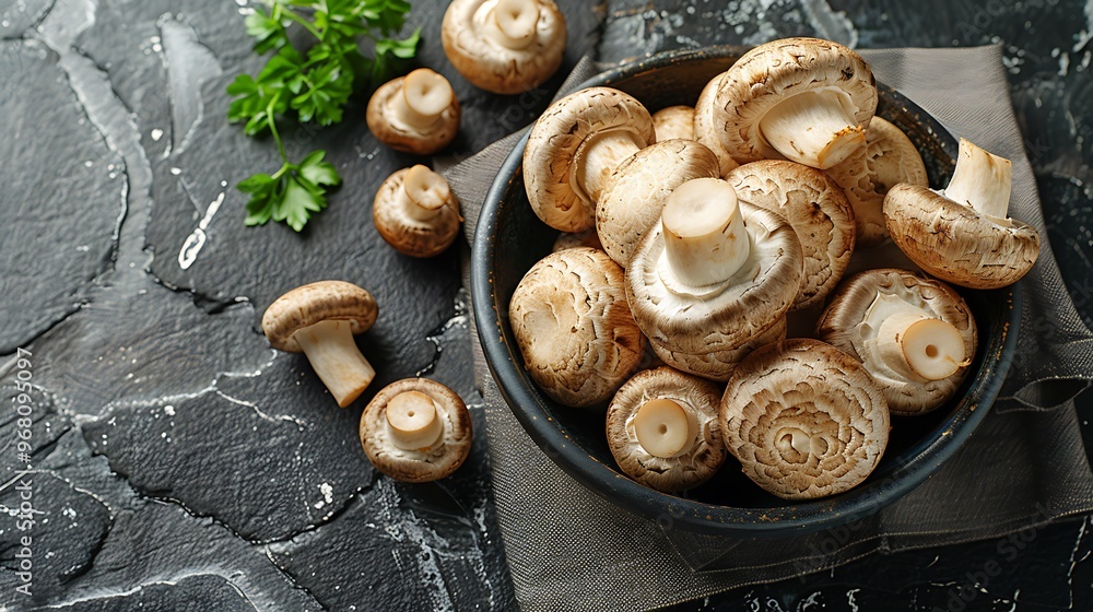 Wall mural a top-down view of mushrooms neatly placed on a napkin, set against a sleek slate background.