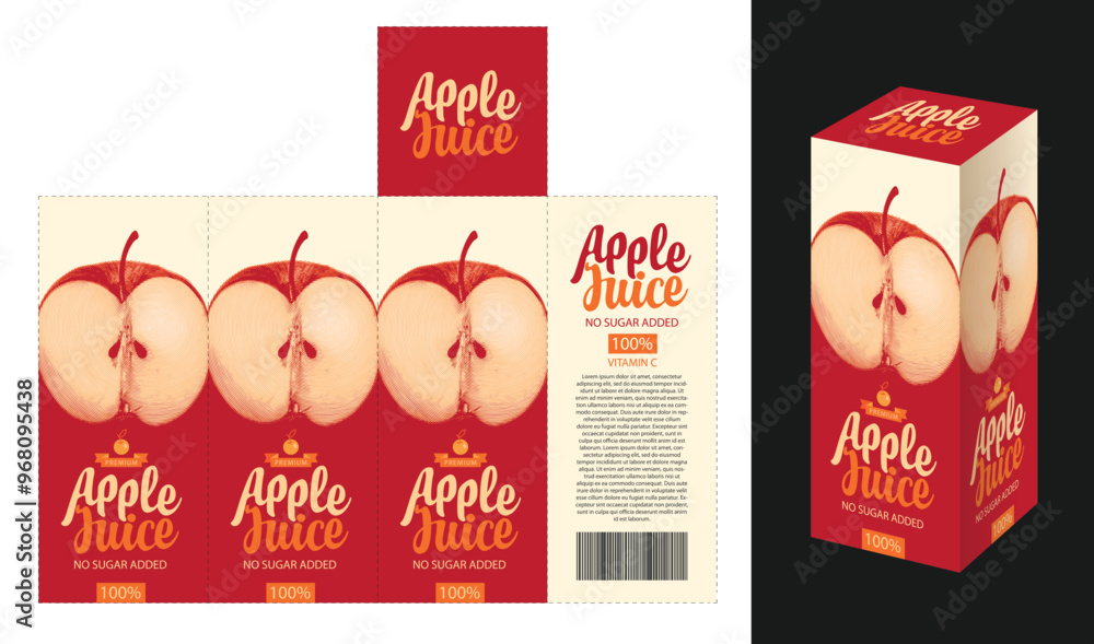 Poster vector mockup template of cardboard packaging box for apple juice with realistic pattern of pineappl