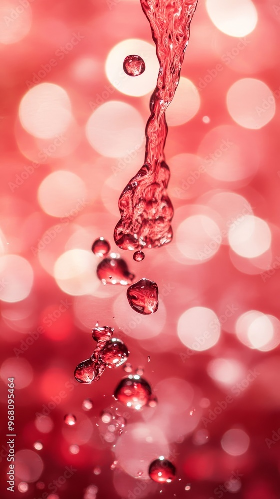 Poster red liquid droplets with bokeh effect, abstract art concept