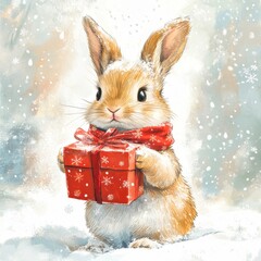 Cute little bunny holding christmas gift in snowy forest