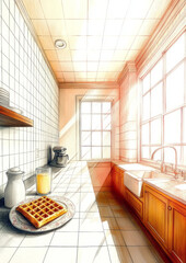Modern Sunlit Kitchen with Waffles and Orange Juice on a Clean, Tiled Countertop