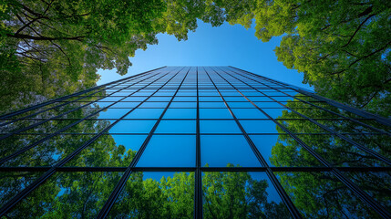 Green building with glass and trees against a blue sky background