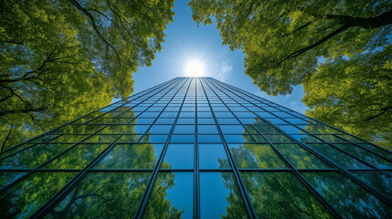 A green building with glass and trees against a blue sky background