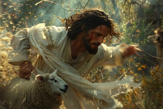 powerful image of Jesus as the ultimate shepherd, rescuing a helpless lamb from the jaws of a wolf in the wild forest. Good conquering evil, faith overcoming danger