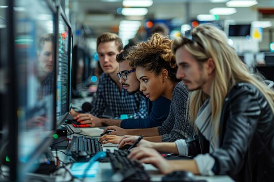 diverse group of software developers collaborating on a project in a modern office setting filled with computer screens and technology equipment.