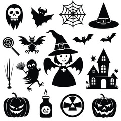 Obraz premium halloween set. pumpkin, skull, broom, headstone, spider, cobweb, crows, dead man's hand, witch hat, cauldron, bats. silhouette graphics. vector