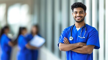 Fototapeta premium Smiling healthcare professional in blue scrubs stands confidently in a hospital corridor, ready to assist patients and colleagues.