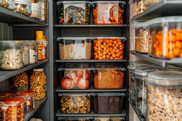 beautifully organized pantry filled with eco-friendly storage containers and reusable products,...