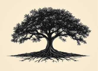 A vector illustration of an oak tree with roots