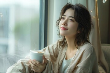 woman sitting by the window with a hot drink in hand, enjoying a quiet and cozy morning at home.