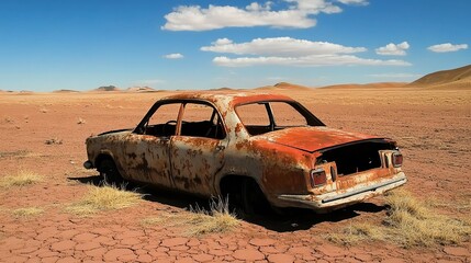 Abandoned Rusty Car in a Vast Desert with Cracked Dry Ground and Blue Sky