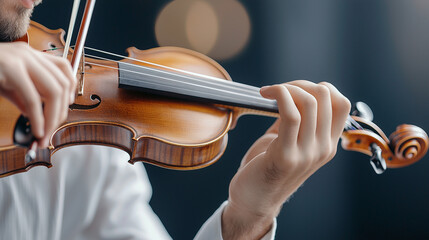 Handsome Young Man Playing Violin: Classic Musical Instrument with Strings, Violinist Performing at a Concert for Symphony Melody Sound. photo