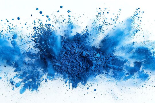 vibrant cyan blue holy paint powder explosion captured on a white background, showcasing a range of colours and textures in a stunning and dynamic composition.