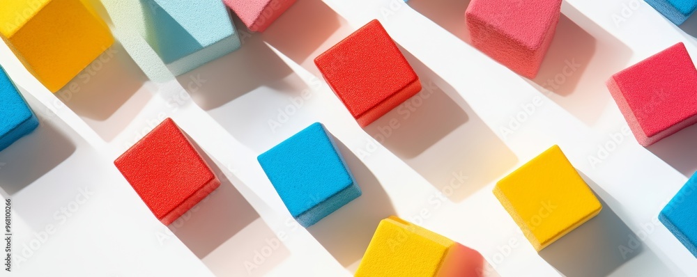 Poster colorful foam cubes casting shadows on white background, abstract geometry concept