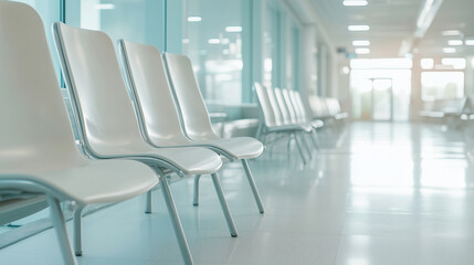 Empty Waiting Room Chairs in Modern Hospital: Close-Up of Seats with Soft Ceiling Lighting, Creating a Calm and Serene Atmosphere. photo