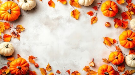 Obraz premium Autumn background with pumpkins and colorful leaves on grey concrete