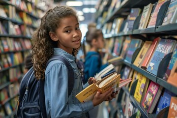 group of curious kids exploring the shelves of a bookstore during back-to-school season.