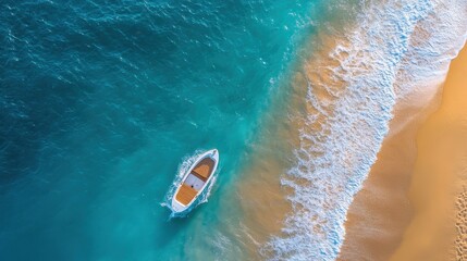 Fototapeta premium Boat on Turquoise Waters with Foamy Shore