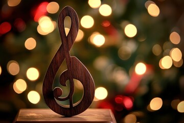 Wooden Treble Clef Ornament with Bokeh Lights