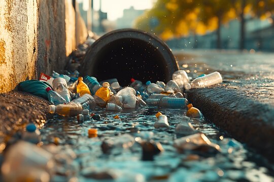 Plastic bottles accumulating in a city gutter during sunset